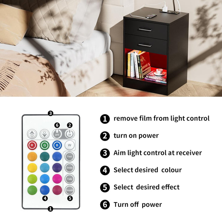 PIPIPOXER Nachttisch mit LED Licht,Beistelltisch mit Steckdose und USB Anschlüsse in Schwarz,Nachtti