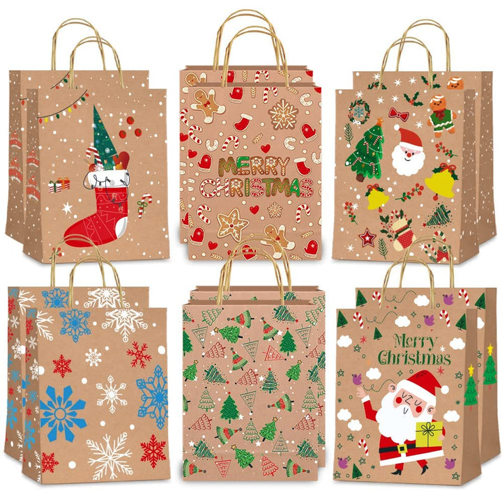12 Stück Geschenktüten Weihnachten，Papiertüten Weihnachten mit Griff, Kraftpapier Weihnachtstüten fü