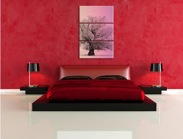 Pixxprint verschneite Bäume im Nebel schwarz/weiss 3-Teiler Leinwandbild 120x80 Bild auf Leinwand