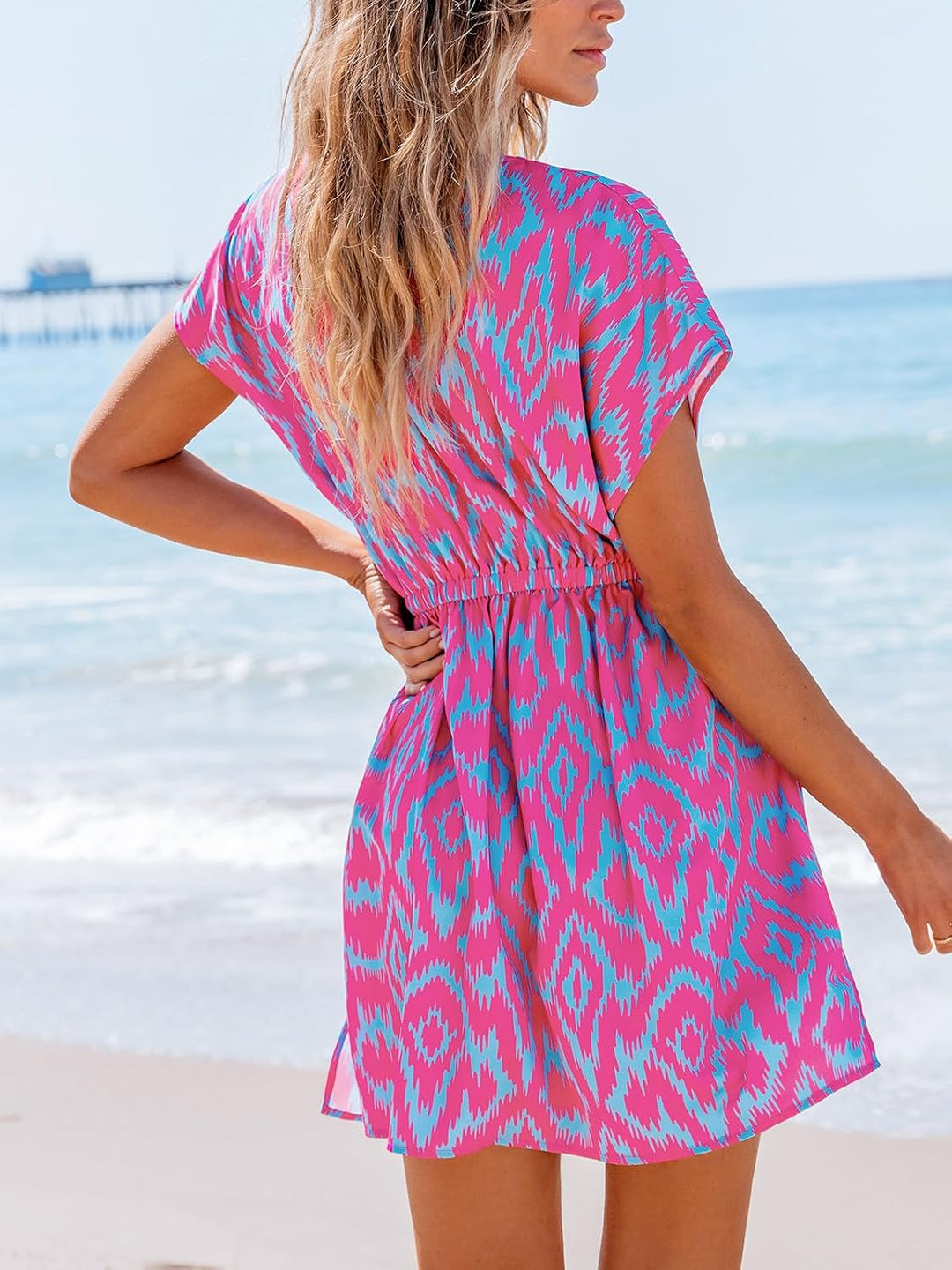CUPSHE Damen Bikini Cover Up Strandkleid V Ausschnitt Kurzarm Blätter Print Seitenschlitz Sommer Bea