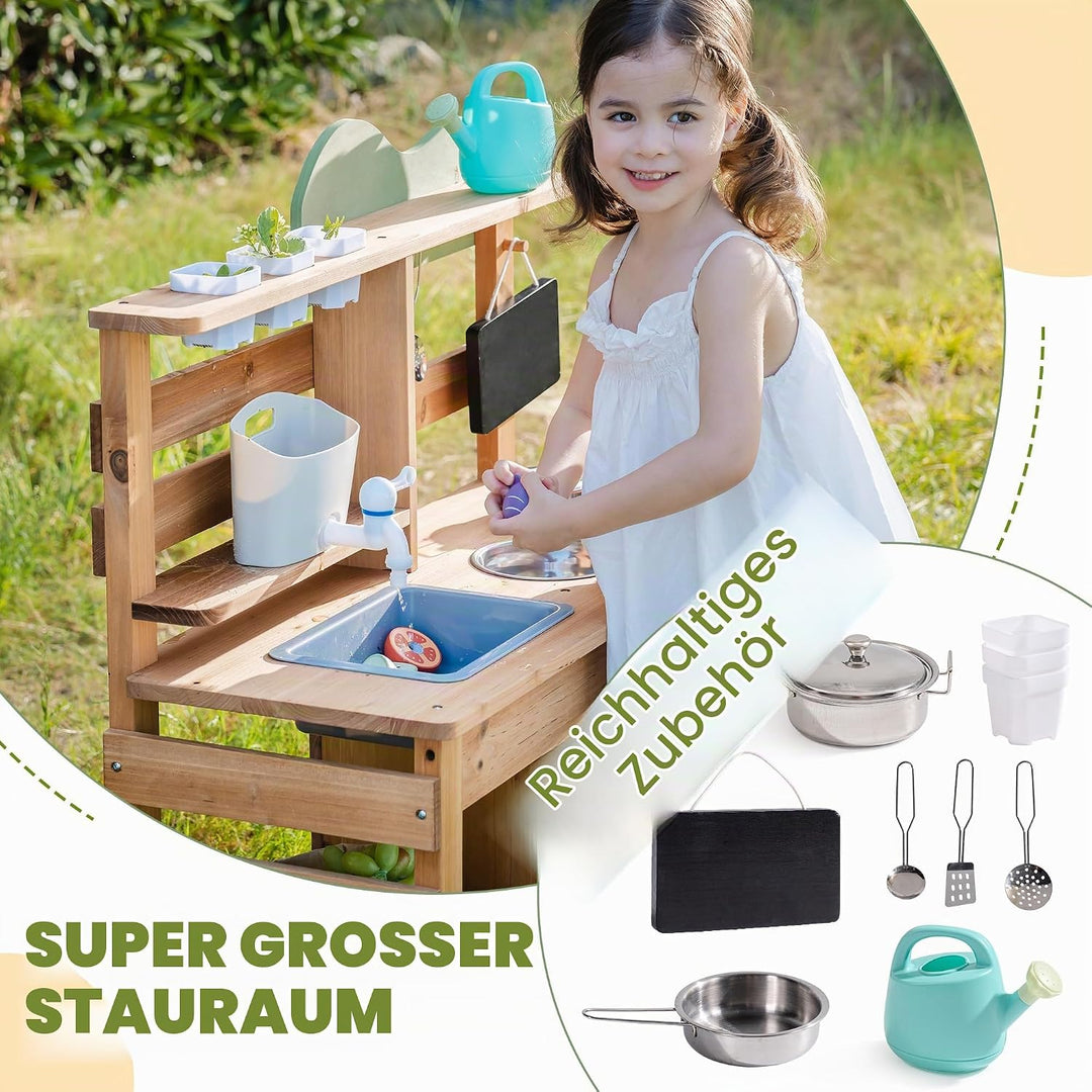 ROBOTIME Grosse Outdoor Matschküche aus Holz für Kinder, Deluxe Spielküche mit Wasserhahn, Spüle, Kr