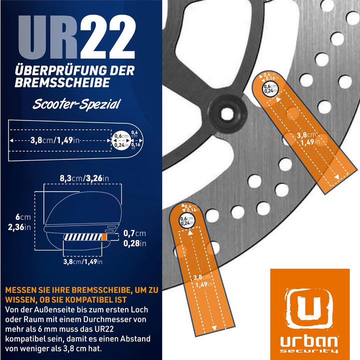 URBAN SECURITY UR22 Diebstahlsicherung Bremsscheibenschloss Motorrad mit Alarm 120 dB Warnung, ø 6 m