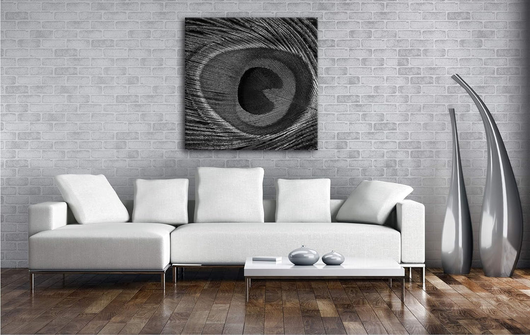 bezaubernde Pfauenfeder mit Muster im Format: 70x70 Effekt: Schwarz&Weiss als Leinwandbild, Motiv fe