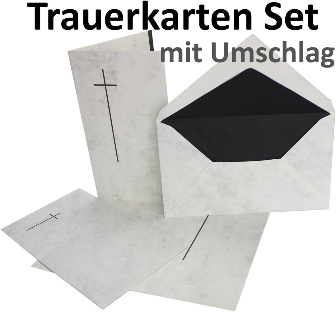 Neuser 50 stück Trauerkarten-set- Doppel-Karte (11,4x19,5 cm) mit Umschlag 12x20 cm, marmoriert mit