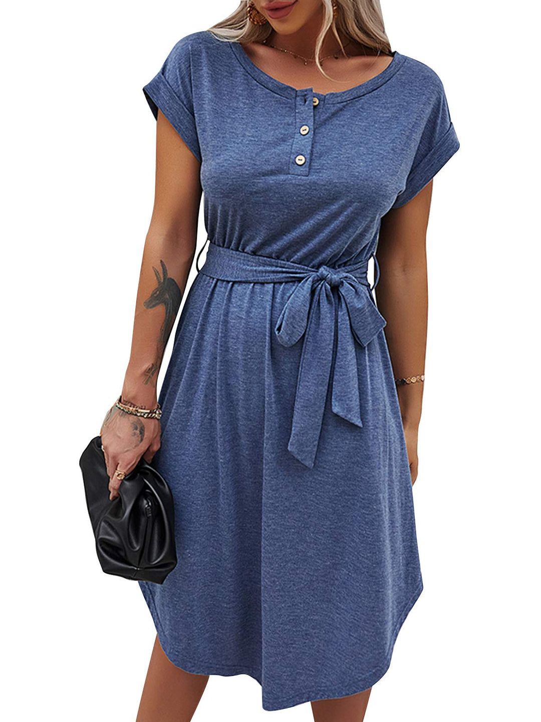 Bequemer Laden Sommer Damen Kleid Knopfleiste Kurzarm Locker Sommerkleid | Elegant Sommerkleider Kle