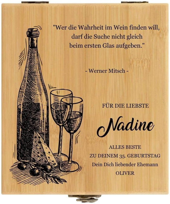 Maverton Weinöffner-Set personalisiert Weinset Sommelier Set - Geschenkbox Holzbox + 4er Weinzubehör