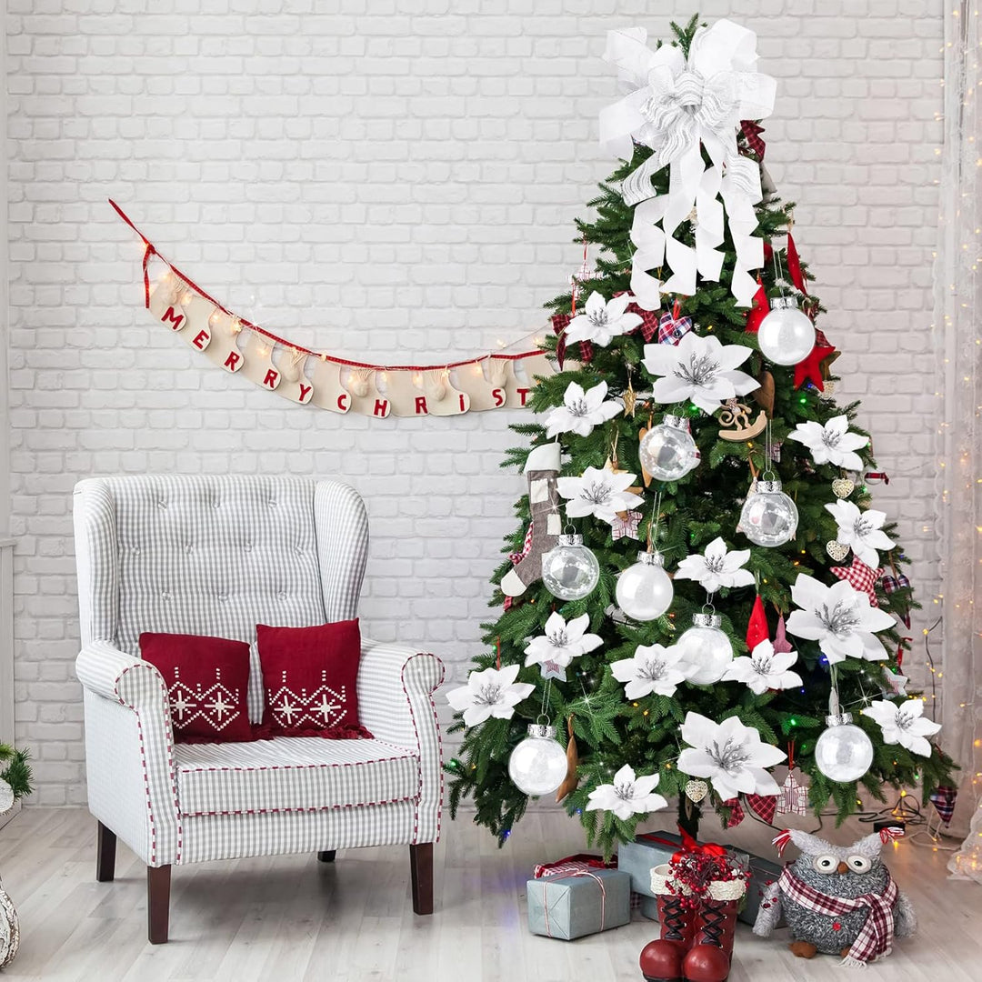 49 Stück Weihnachtsbaum Deko Set mit Weihnachtsbaumspitze 24 Stück Glitzer Weihnachten Blumen in 3 G