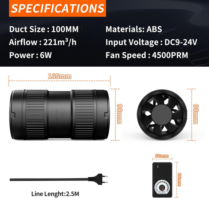 FanGoFast 100mm Rohrventilator 221m³/h Rohrlüfter Regelbar Schwarz Abluftventilator mit EU-Stecker L