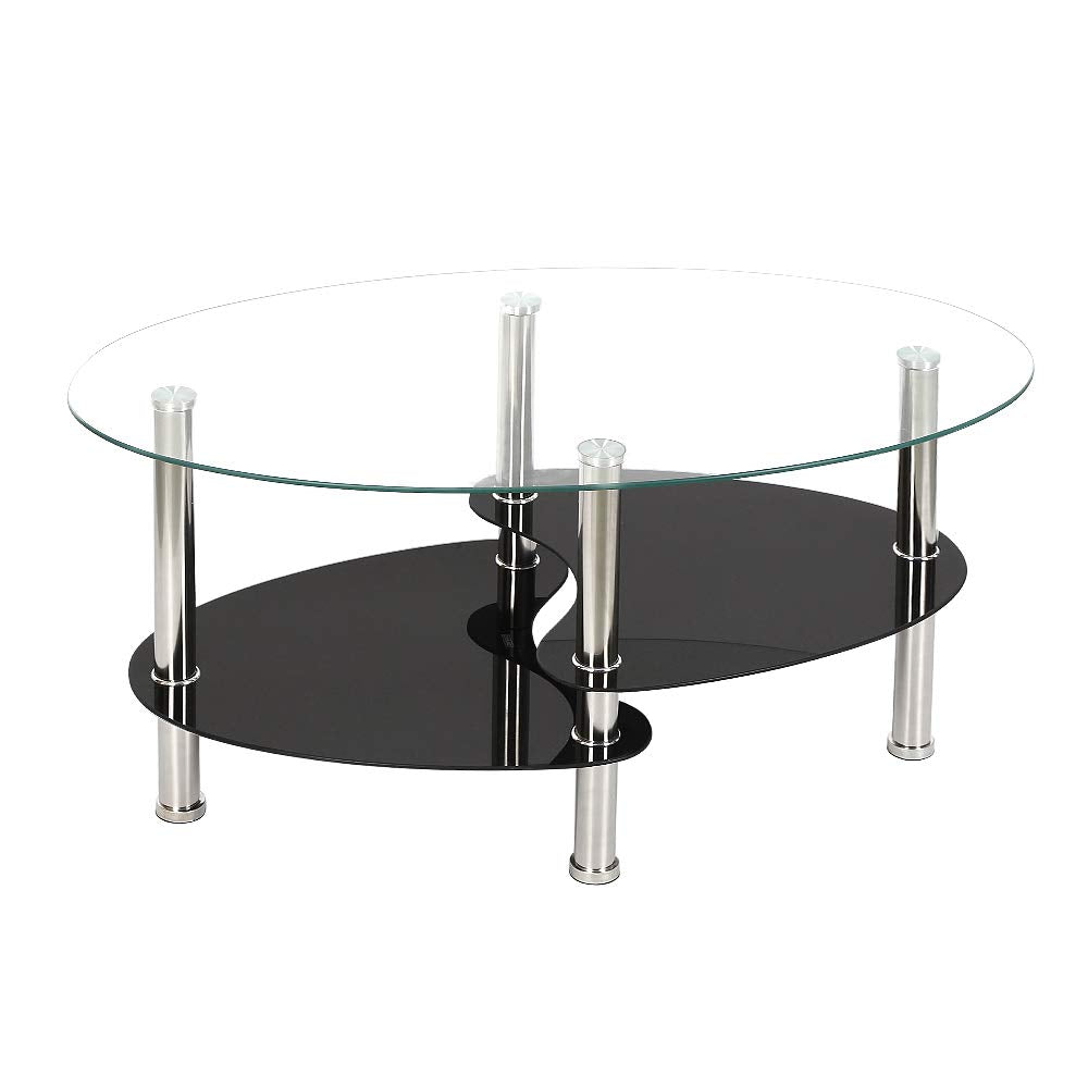 MINGYI Couchtisch aus gehärtetem Glas mit 3 Etagen, 90 × 50 × 43 cm, oval, Tisch, Café, für Wohnzimm