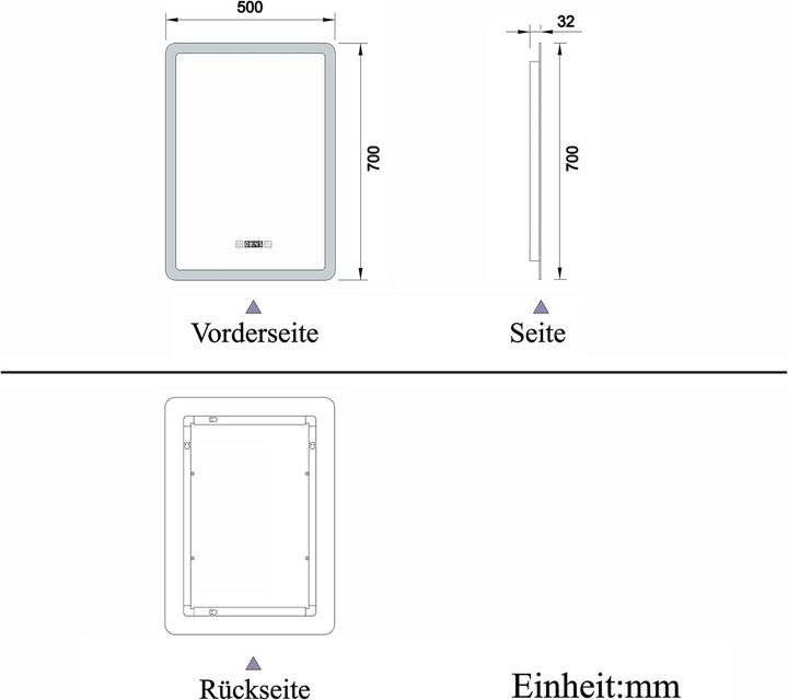 50x70cm LED Badspiegel mit Uhr,Touch,Beschlagfrei,Badspiegel mit Beleuchtung,Badezimmerspiegel mit 3