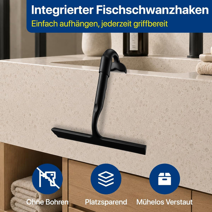 Zindoo Duschabzieher Schwarz Silikon 25 cm mit Haken für Dusche & Glas | Streifenfrei, Vollsilikon s