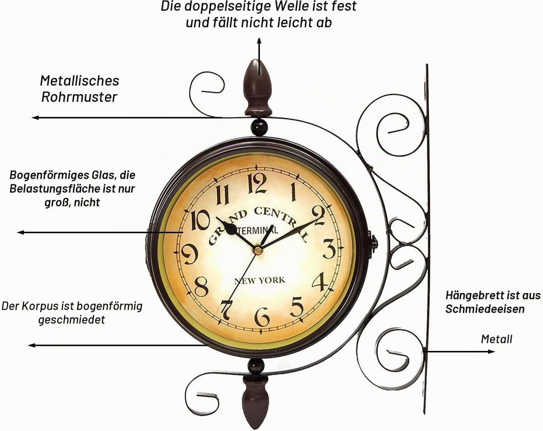 ConBlom Doppelseitige Bahnhofsuhr, im Retro Design Schmiedeeisen runde Bahnhofsuhr, Wohnen Nostalgie