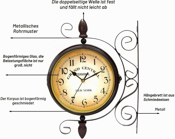 ConBlom Doppelseitige Bahnhofsuhr, im Retro Design Schmiedeeisen runde Bahnhofsuhr, Wohnen Nostalgie