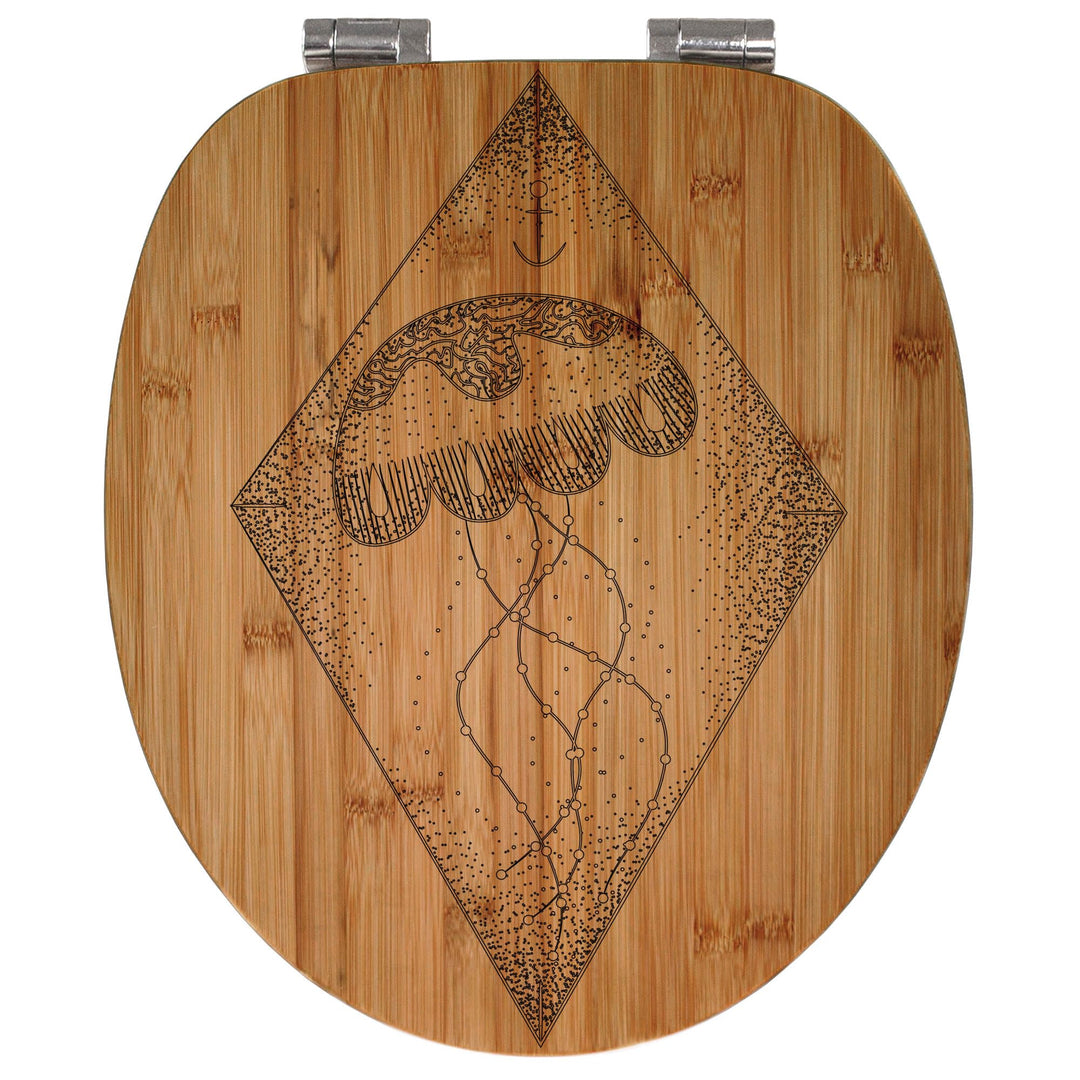 banjado® Hochwertig gravierter Design WC Sitz Bambus Absenkautomatik Quallenprisma/Toilettendeckel m