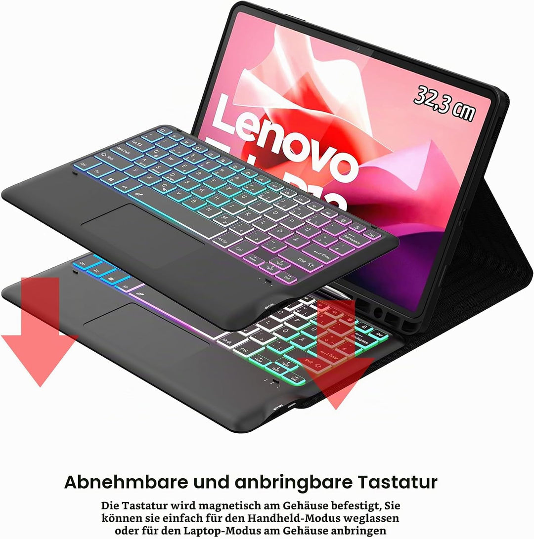 für Lenovo Tab P12 12,7 Zoll Hülle mit Abnehmbare Tastatur : DIY 3-Zonen 7-Farbige Beleuchtung Tasta