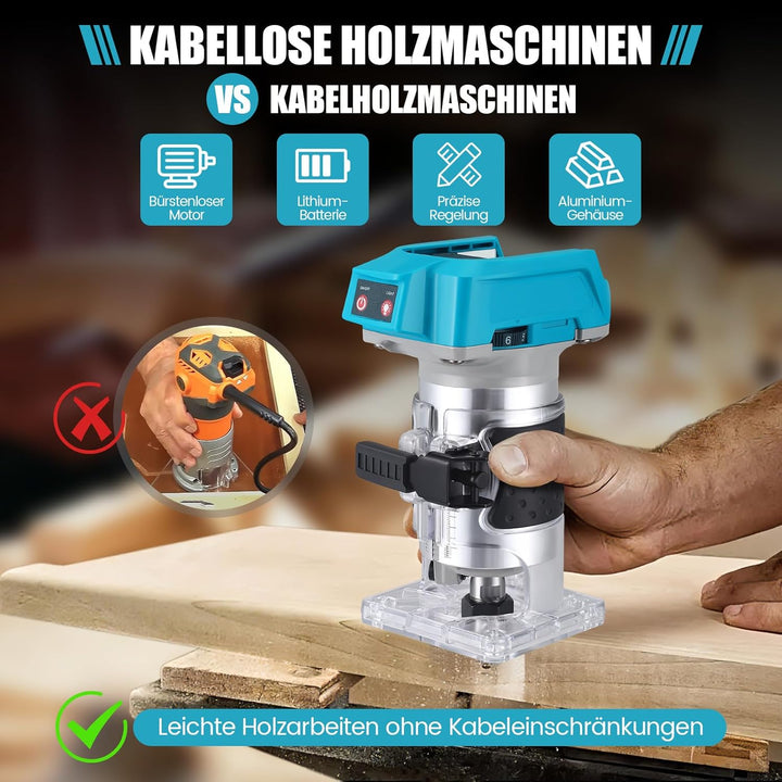 Akku Oberfräse kompatibel mit Makita 18V Akku,1400W Oberfräse Trimmer Einhandfräse Bürstenloser, Hol
