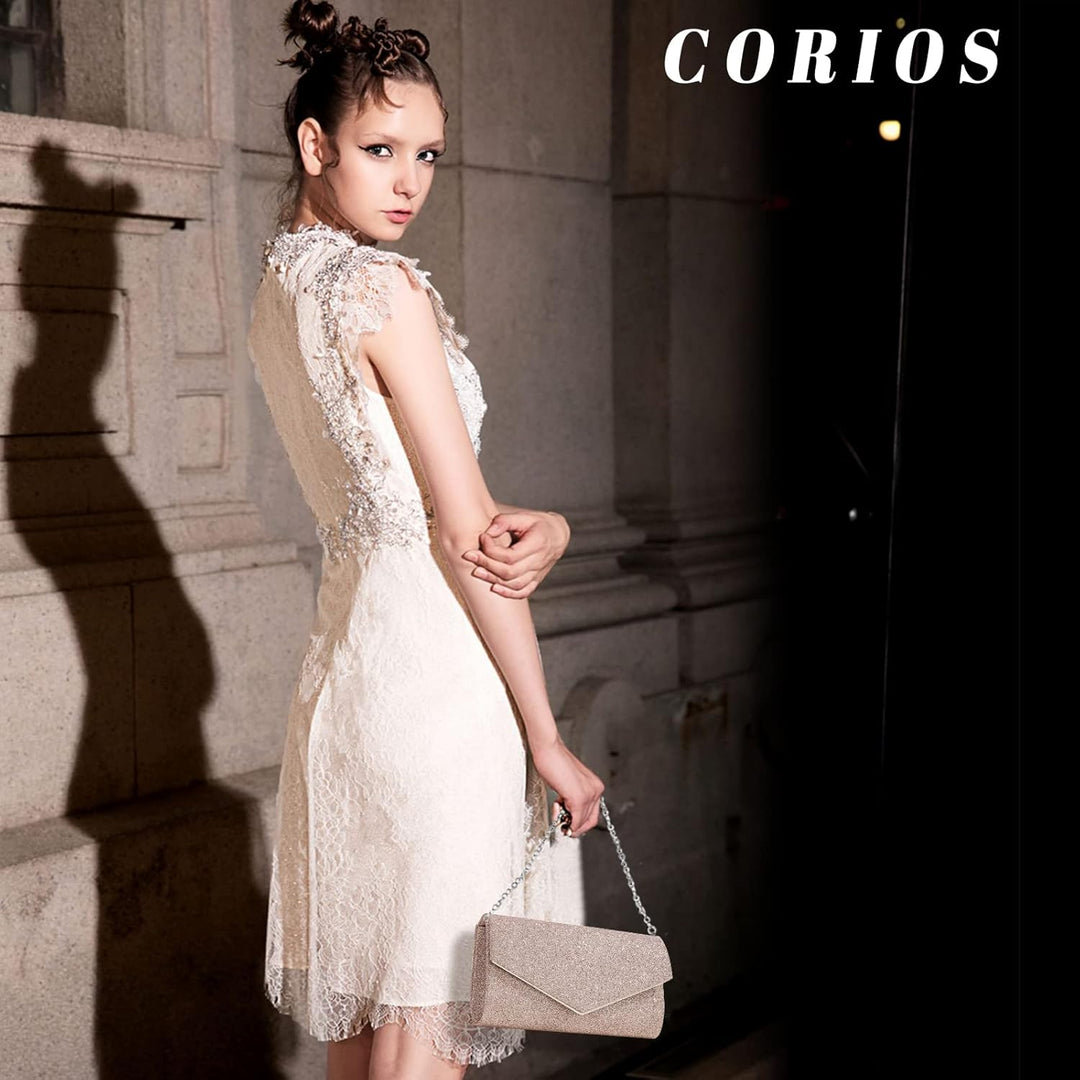 CORIOS Abendtasche Damen Kette Clutch Bag Glitzer Henkeltasche Hochzeit Brautbörse Glänzend Schulter