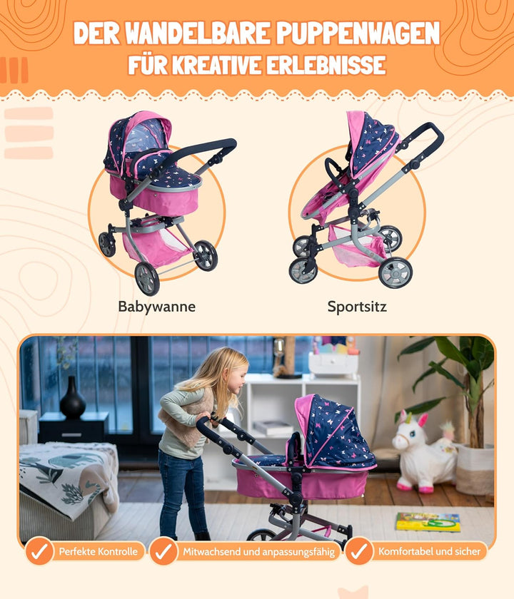 Bayer Chic 2000 595-33 Puppenwagen Mika, 2in1 Kombipuppenwagen für Kinder von 4 bis 8 Jahren, Butter