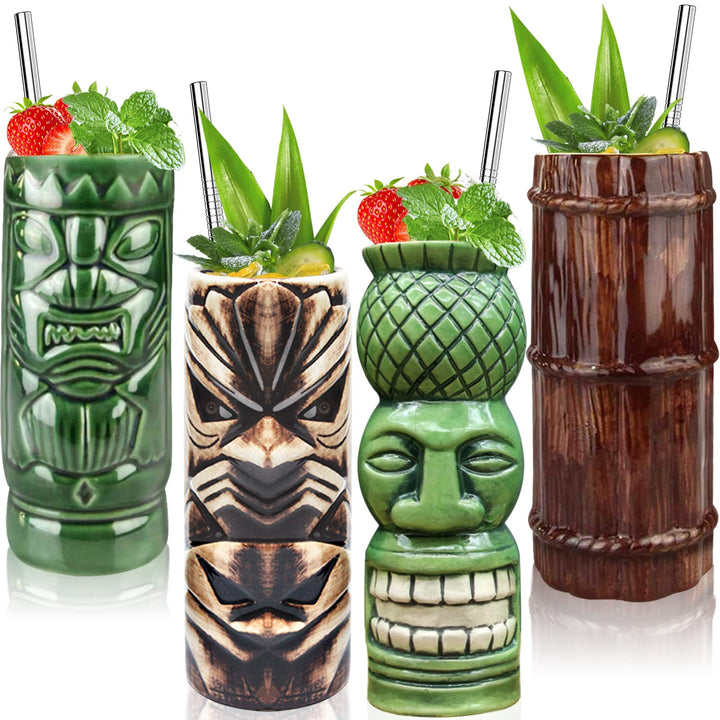 Tiki-Gläser für Cocktails, Tiki-Tassen, 4 Stück, grosse Keramik-Tiki-Becher, tropische Hawaii-Party,