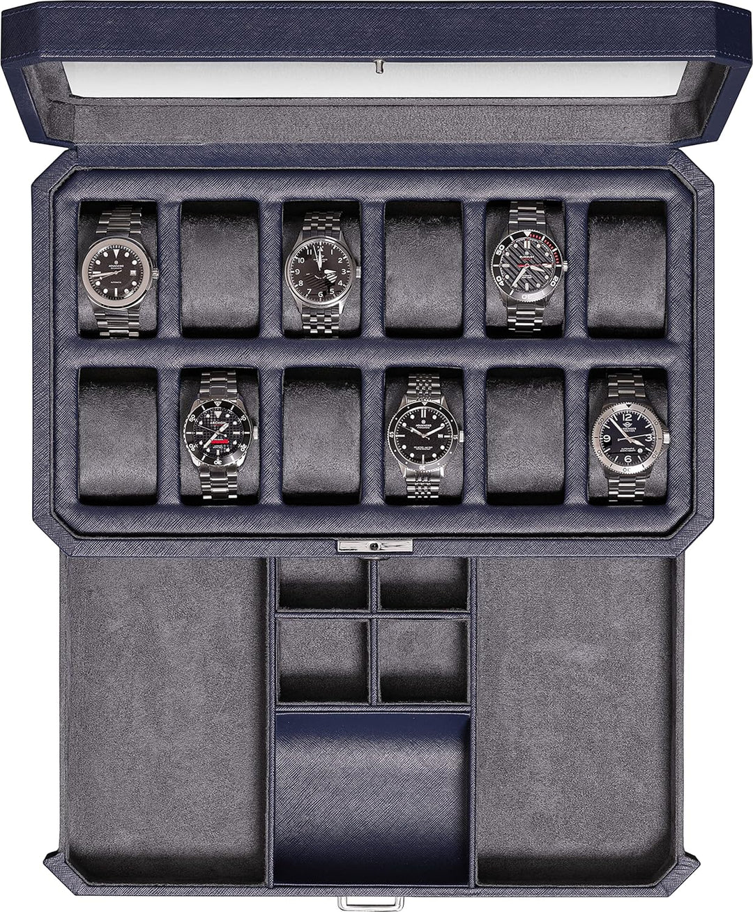 ROTHWELL 12 Slot Leather Watch Box with Valet Drawer - 12 Slot Luxury Watch Case Display Organizer,