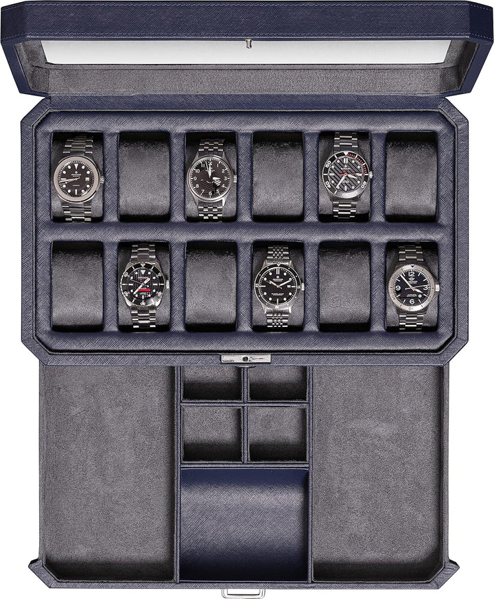 ROTHWELL 12 Slot Leather Watch Box with Valet Drawer - 12 Slot Luxury Watch Case Display Organizer,