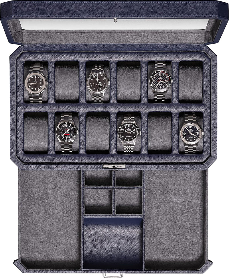 ROTHWELL 12 Slot Leather Watch Box with Valet Drawer - 12 Slot Luxury Watch Case Display Organizer,