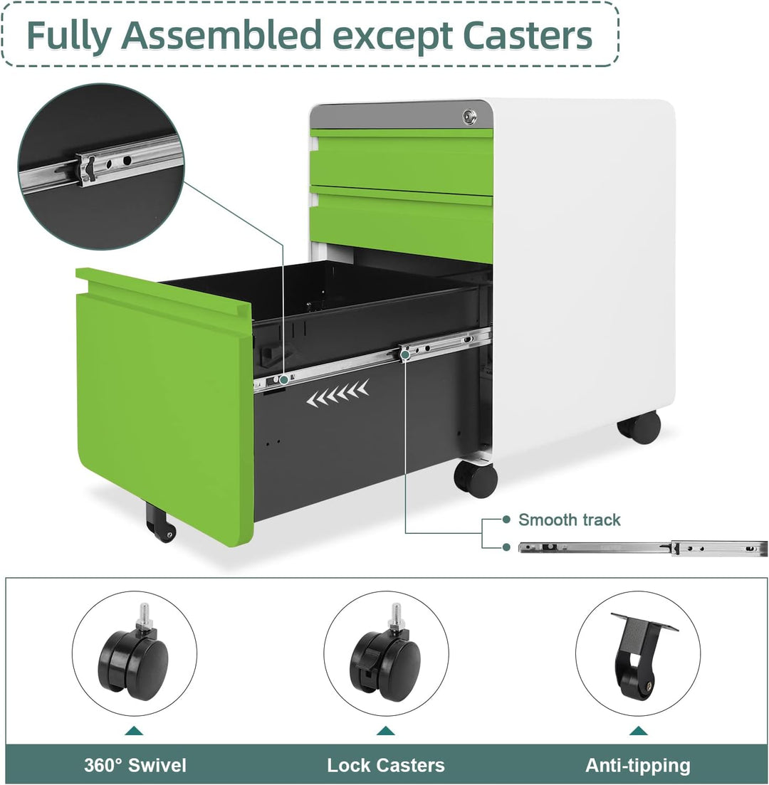 Dripex Metall Rollcontainer Stahl Rollcontainer mit 3 Schubladen und Hängeregistratur Abschliessbare