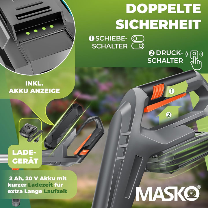MASKO® Akku-Rasentrimmer mit 20 V Li-Akku, 2,0 Ah Akku und Ladegerät, Motorsense 26 cm Schnittkreis,
