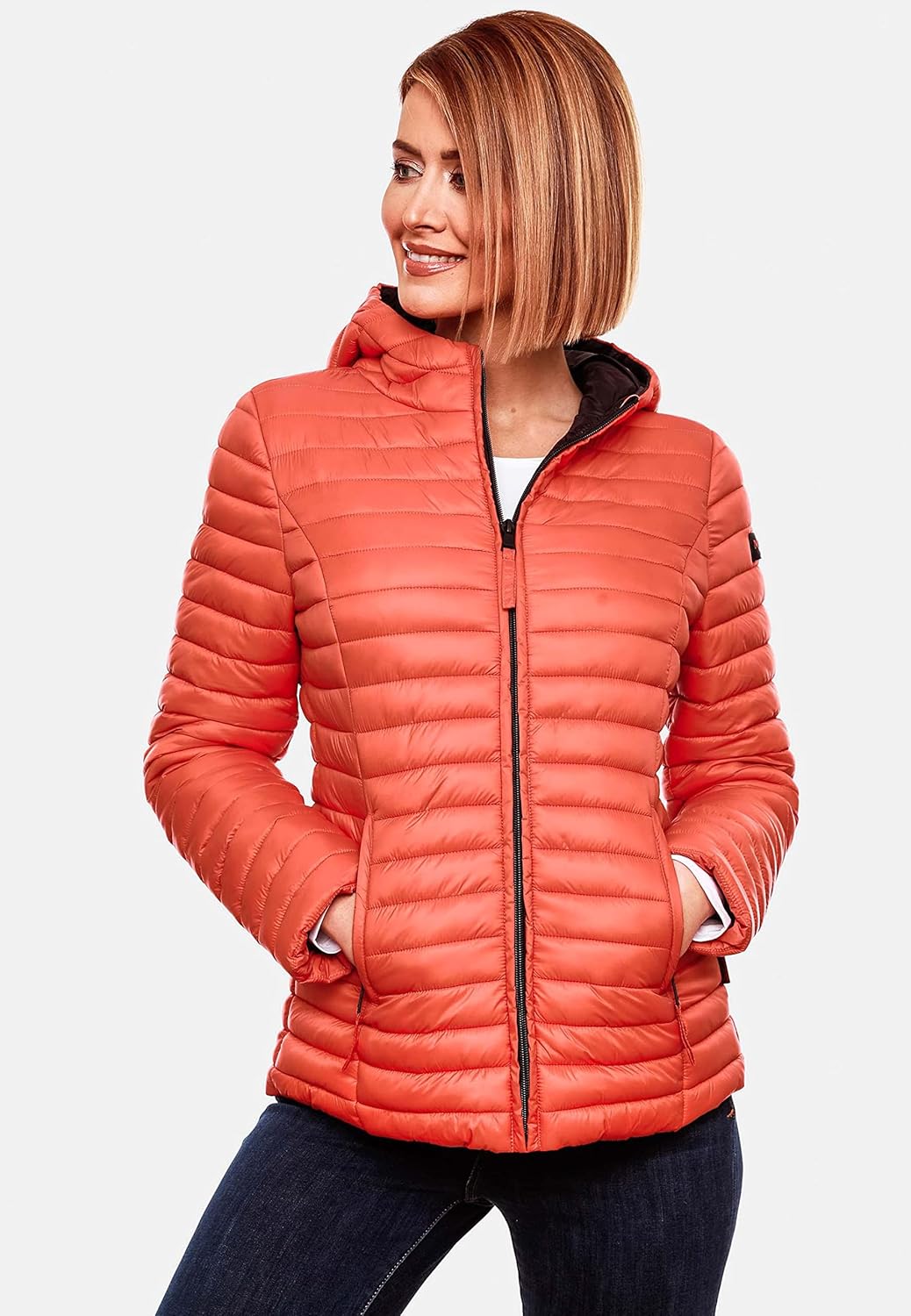 MARIKOO Damen leichte Übergangsjacke Steppjacke mit Kapuze Asraa XS-3XL, Coral