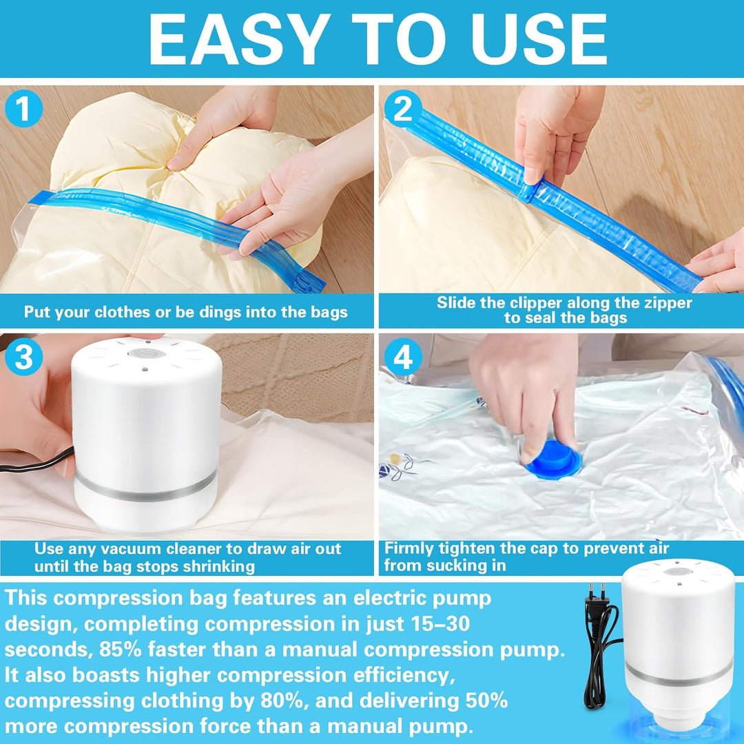 Vakuumbeutel für Kleidung mit Elektrischer Luftpumpe, 15PCS Vacuum Bags, 3xJumbo, 3xGross, 4xMittelg