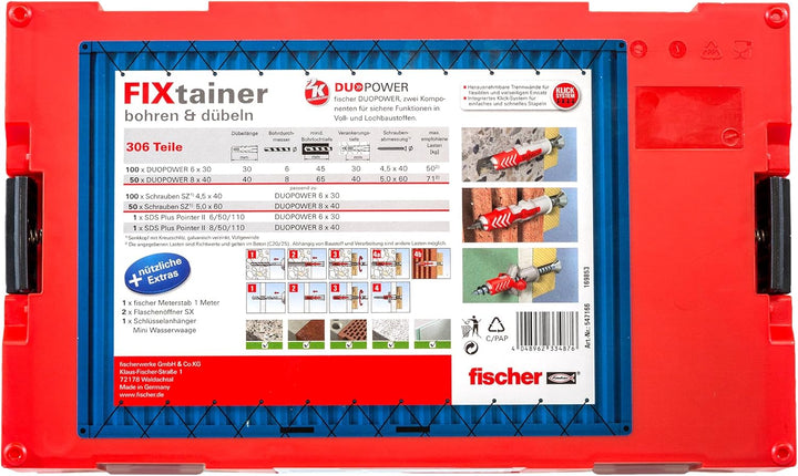 fischer 547166 FIXtainer DUOPOWER bohren & dübeln, Dübelbox mit 306 Teilen, inkl. Dübel, Schrauben,