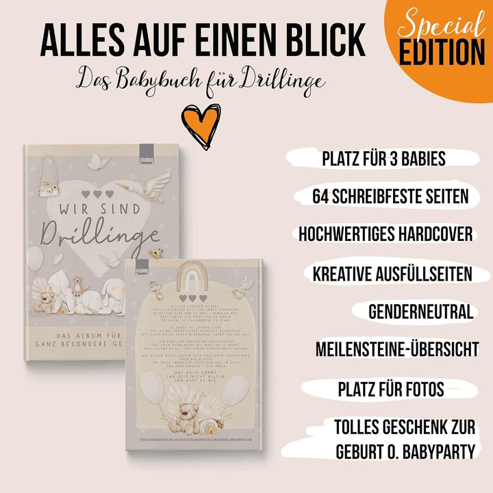 Erinnerungsalbum für Drillinge – Boho Babyalbum DIN A4 | 64 Seiten | Hardcover in Beige & Braun | Ge