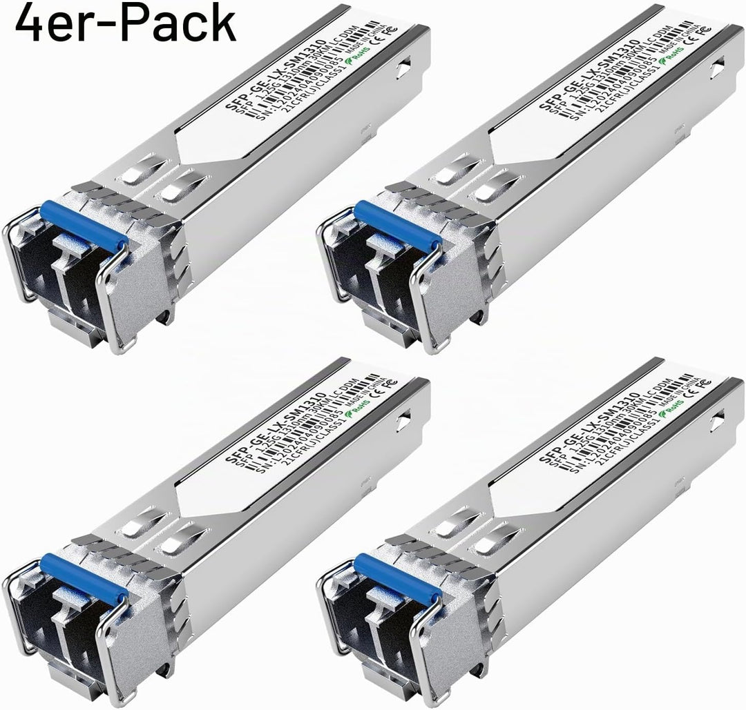 4er-Pack 1.25G SFP LC Modul 1000Base-LX Singlemode Transceiver (SMF, 1310nm, 20km, DDM) – Kompatibel