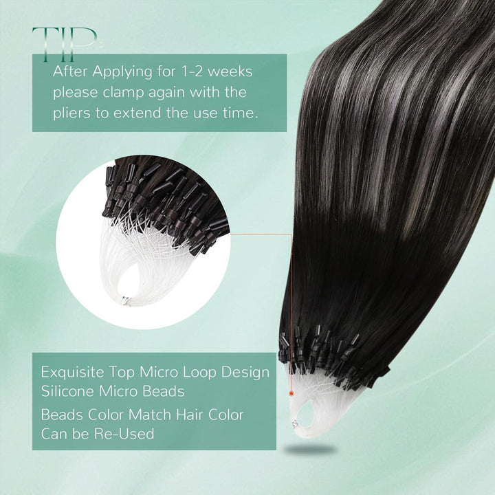 Easyouth Balayage Microring Extensions Echthaar Microring Extensions Off Black Mix Silber und Off Bl