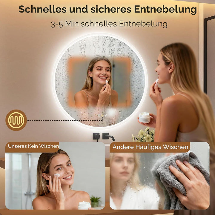 STARLEAD 60cm Runder-Badspiegel-mit-Beleuchtung, Bluetooth, Dimmbar, 3 Farbtemperatur, Entfoggen, Sp