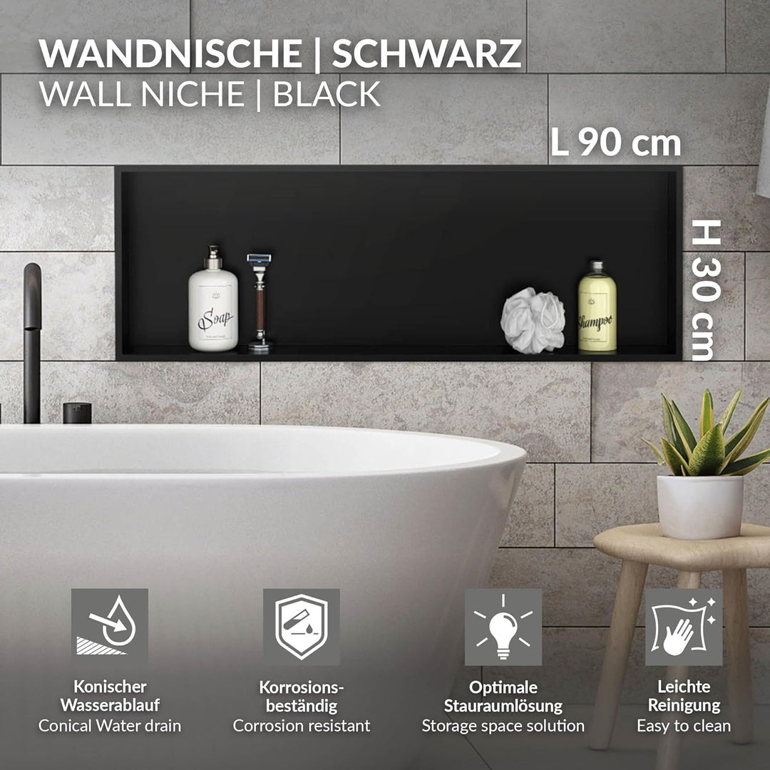 LuxeBath Wandnische aus Edelstahl, 90x30x10 cm, Schwarz, Duschnische mit Rahmen, Einbauregal, Flexib