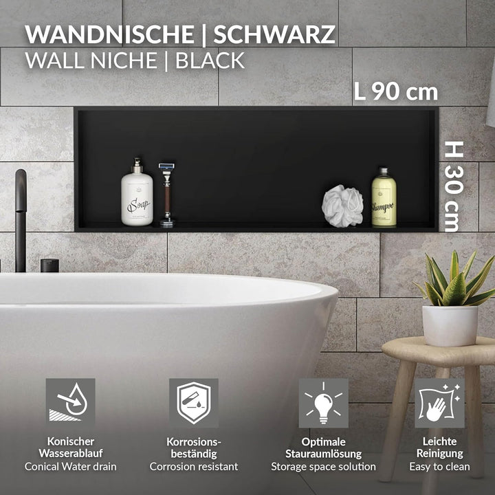LuxeBath Wandnische aus Edelstahl, 90x30x10 cm, Schwarz, Duschnische mit Rahmen, Einbauregal, Flexib