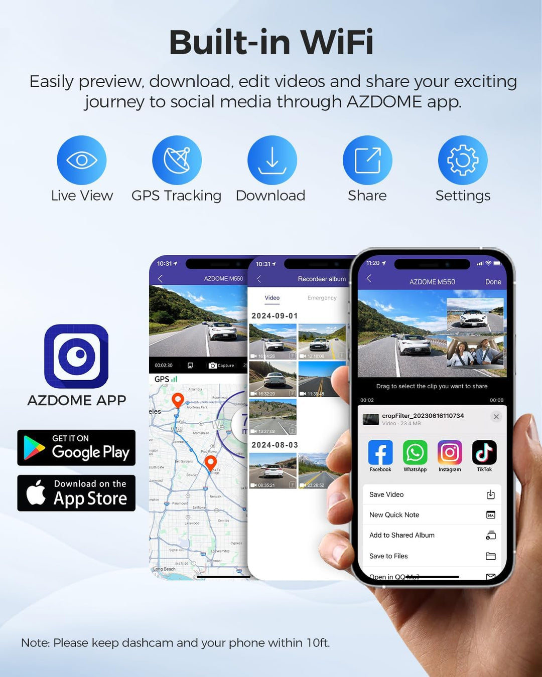 AZDOME 3 Lens Dashcam 1440P + 1080P + 1080P Auto Kamera mit WiFi, GPS, 4K Kamera vorne, Super Nachts