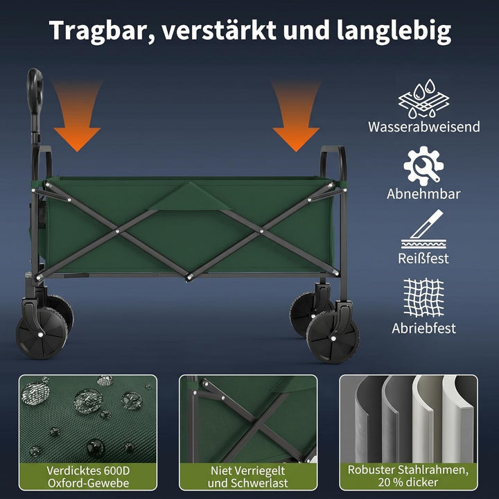 Garvee Bollerwagen Faltbar 220 L, Handwagen bis 172 kg, 600D Oxford + Stahlrahmen, 5-Zoll All-Terrai