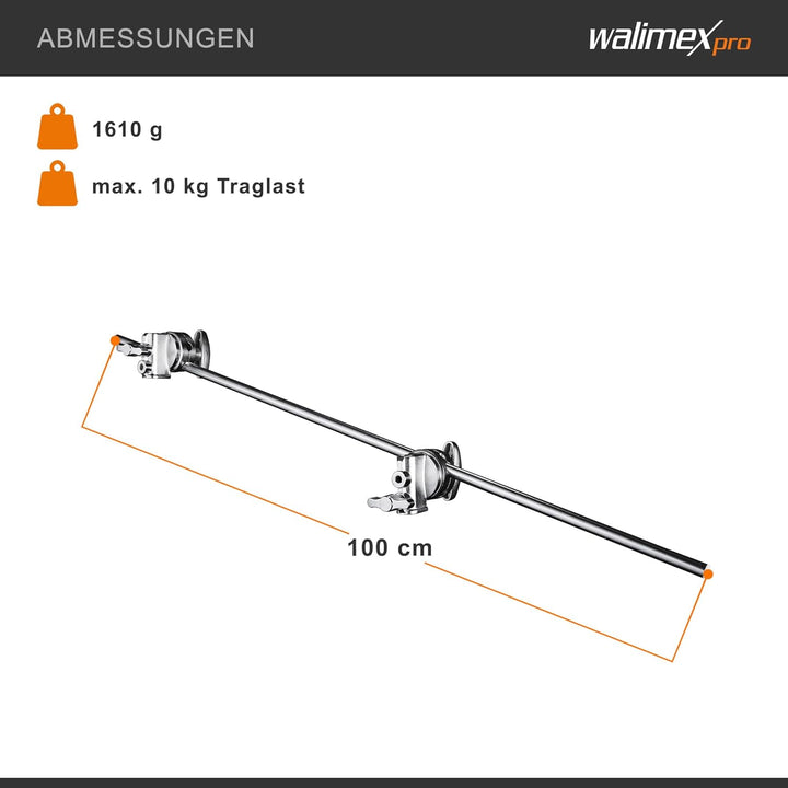 Walimex pro Galgen mit 2 Schraubklemmen, 100cm - Ideal für Auf- und Kopflicht, vielfältige Einsatzmö