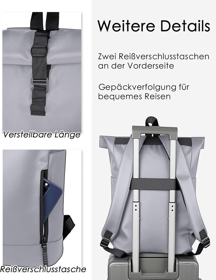 Rolltop Rucksack Herren Wasserdicht Grau Laptop Rucksack mit Computerfach 16 Zoll Elegant Reiserucks