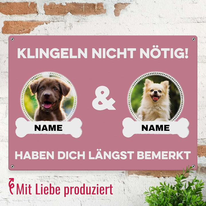 Hunde Schild personalisiert - Klingeln nicht nötig - Metallschild mit Foto und Name für aussen, wett