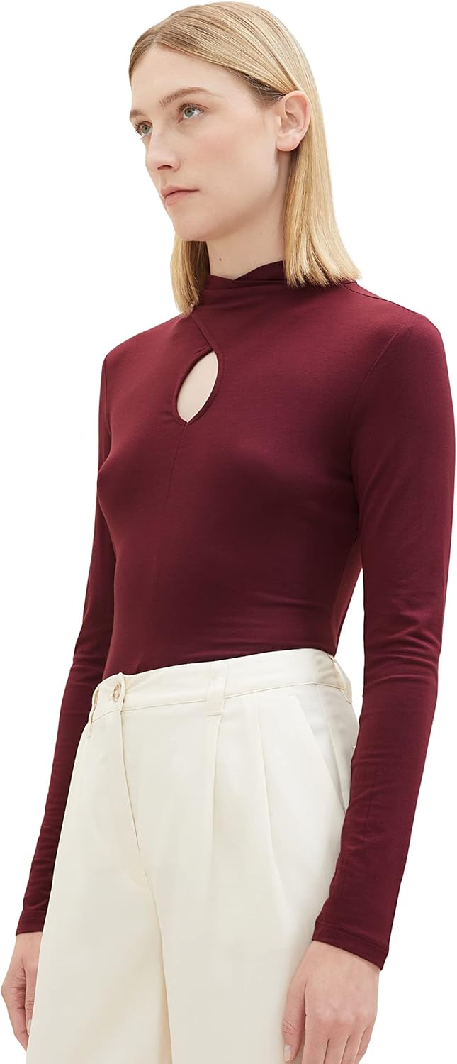 TOM TAILOR Damen Langarmshirt mit Cut-Out Detail L 10308 - Deep Burgundy Red, L 10308 - Deep Burgund
