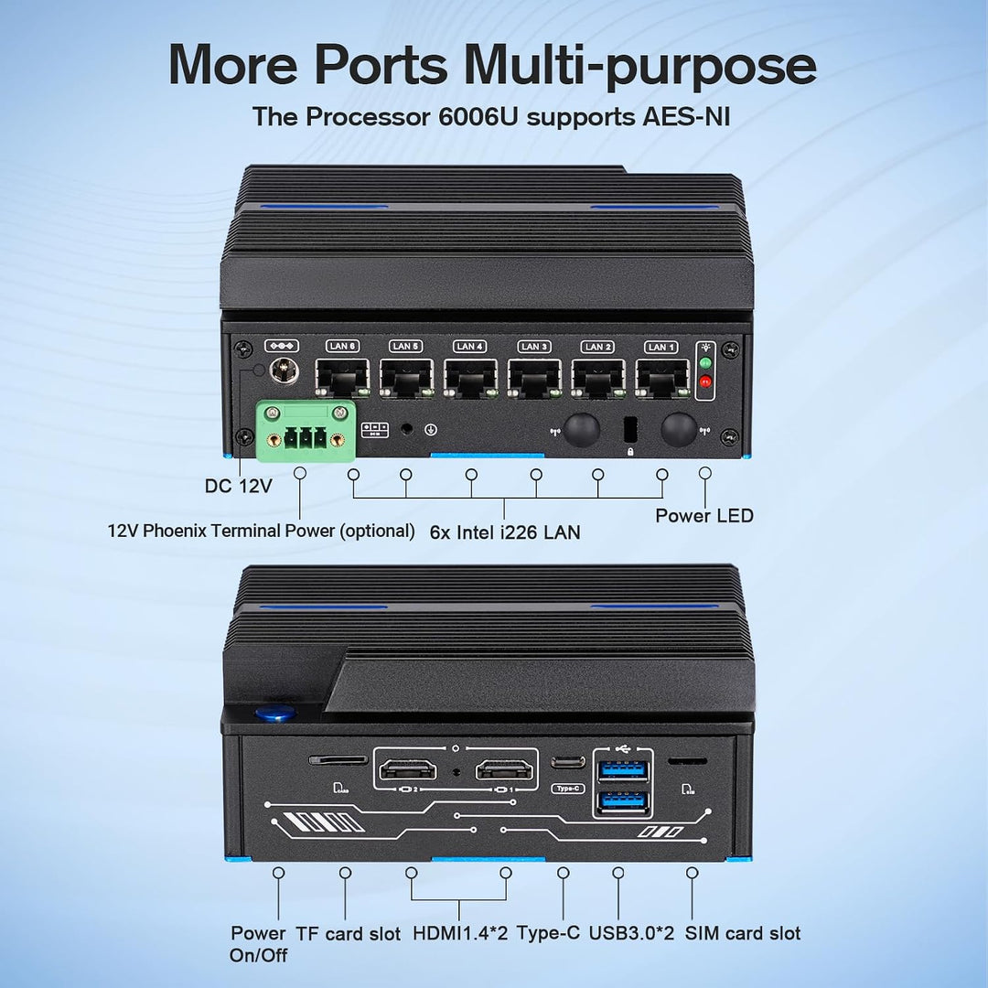 Lüfterloser Firewall-Mini-PC 6 x Intel LAN Ethernet (bis zu 2,5 GbE) Intel CORE 6006U, 8 GB DDR4 128