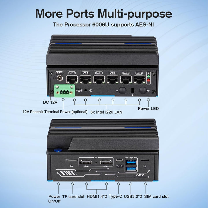 Lüfterloser Firewall-Mini-PC 6 x Intel LAN Ethernet (bis zu 2,5 GbE) Intel CORE 6006U, 8 GB DDR4 128