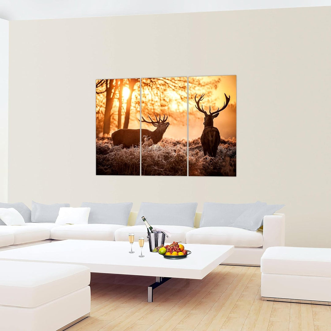 Runa Art Wandbilder Winter Hirsch Bild XXL Wohnzimmer Schlafzimmer Orange Wald Natur 120 x 80 cm 3 T