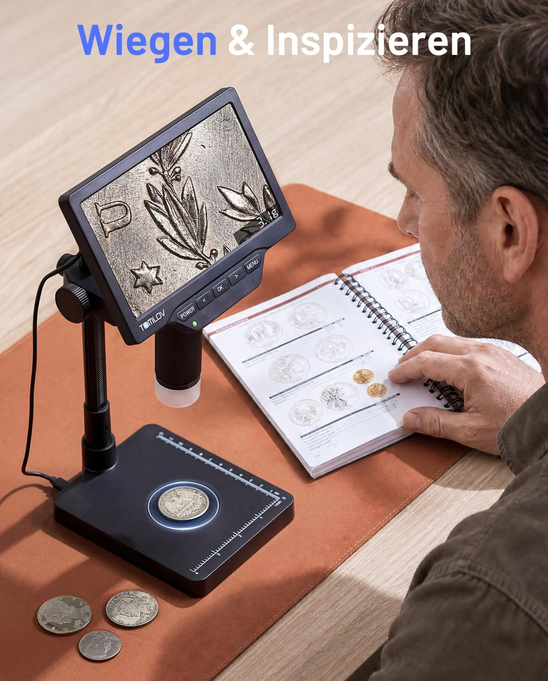 TOMLOV DM4W Max 7" IPS Digital Mikroskop mit Waage, Münzvollansicht | 0,1g Präzision, g/oz/ct/ozt, 1