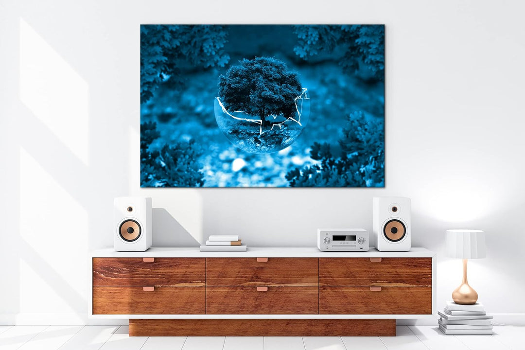 deyoli zerbrochene Glaskugel mit einem Baum Format 80x60 Effekt: Monocrome Blau als Leinwandbild, Mo
