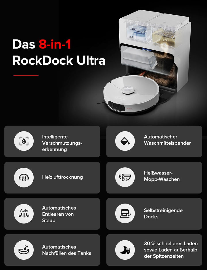 roborock S8 MaxV Ultra Saugroboter mit Wischfunktion&Hebarem Wischmopp, Umfangreiche Reinigung Durch