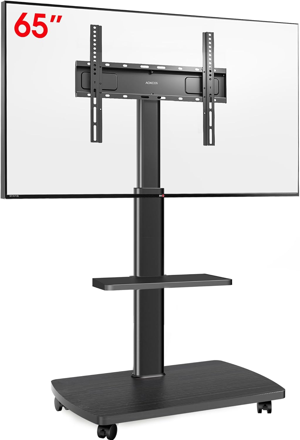 AOKCOS TV Ständer Rollbar mit Holzablage Regal, Fernsehständer auf Rollen für 32-65 Zoll Fernseher,